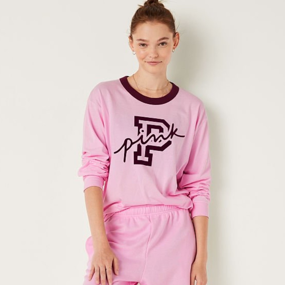 Victoria's Secret PINK Cotton Long Sleeve Campus Ringer Tee Pink Logo Large NEW